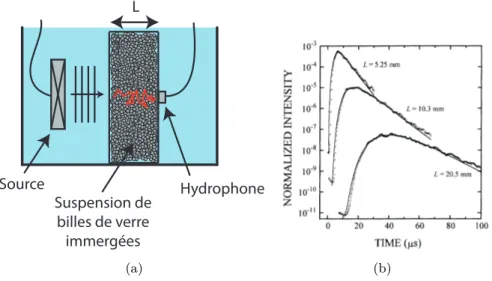 Figure 1.5 – Expérience de diffusion dans un échantillon de billes de verres immergées (a) Repré- Repré-sentation schématique de l’expérience (adaptée de [Pag95])