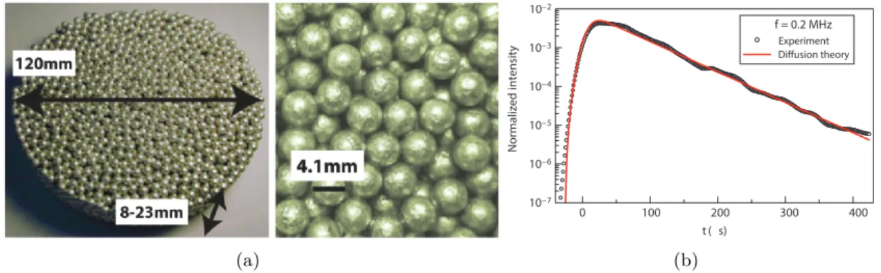 Figure 1.6 – Diffusion acoustique dans un empilement de billes métalliques frittées (a) Photographies de l’échantillon