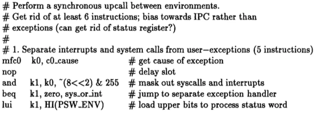 Figure  3-4:  Assembly  code  to perform  a  synchronous  upcall e if IPC
