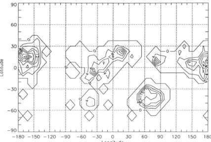 Figure  1-15 :  La  distribution  en  nombre  de  jours  par  année  des  sites  susceptibles  de  présenter  des  conditions  atmosphériques (température et pression) favorisant la présence de l’ eau liquide à la surface de Mars