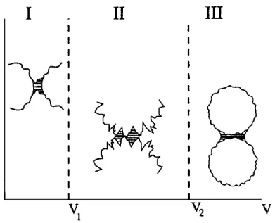 Figure 1.3: Schéma des liens capillaires dans les trois premiers régimes d’empilements humides, tiré de Halsey et Levine (1998).