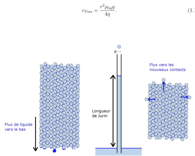 Figure 1.8: Schéma des deux mécanismes de migration du liquide, drainage et aspiration capillaire.