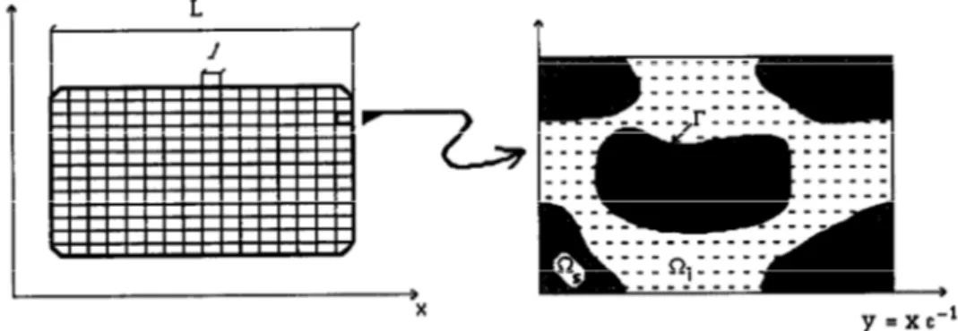 Figure 1.6 – Représentation schématique de la géométrie utilisée dans l’analyse aux échelles multiples pour décrire un milieu poreux (Auriault et Adler, 1995).