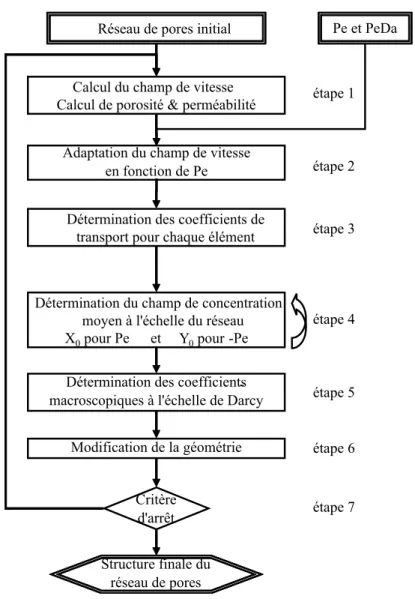 Figure 4.3 – Algorithme général de la résolution du transport réactif en milieu poreux par l’intermédiaire de l’approche réseau de pores.