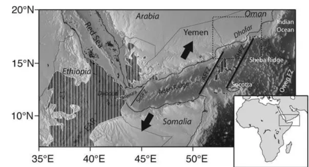 Figure 1. Simplified geodynamical map of the study region. The main structural units are named and localized (EAR, East African Rift; SeSFZ, Shukra el Sheik Fault Zone; AFFZ, Alula-Fartak Fault Zone; SHFZ, Socotra-Hadbeen Fault Zone; Owen FZ, Owen Fault Zo