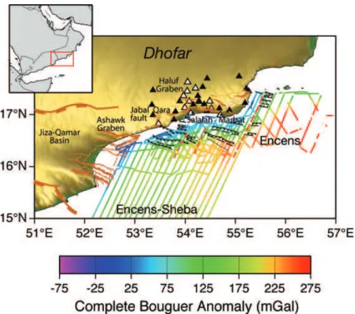Figure 2. Complete Bouguer anomaly for the offshore part of our study region. The data are collected from two geophysical cruises: Encens-Sheba (Leroy et al