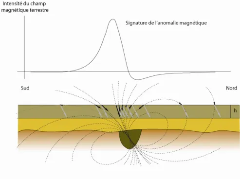 Figure  20  :  Schématisation  de  la  signature  d'une  anomalie  produite  par  une  structure  magnétique  (d’après Hesse 1978 et Hulin 2007) 