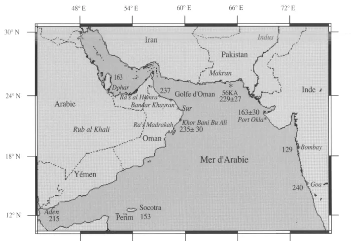 Fig. 1  :  AR actuels du bassin de la mer d'Arabie. Lorsque plusieurs mesures ont été effectuées sur un  site, nous avons choisi de présenter  la moyenne