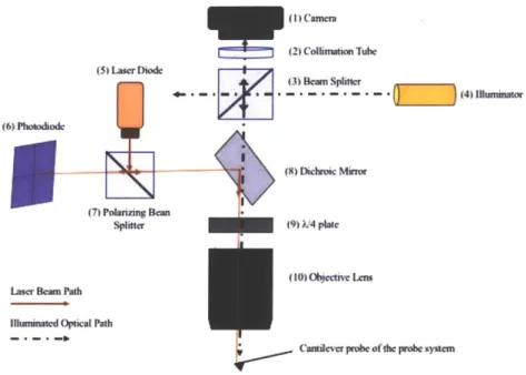 Figure  1-1:  Schematic  of  the  cantilever  probe  deflection  measurement  subsystem, which  uses  optical  beam  deflection  to  measure  probe  deflections.