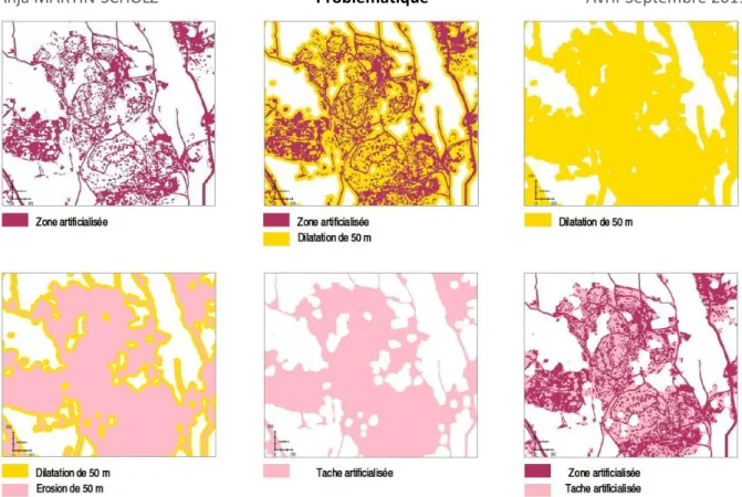 Figure 6 : Etapes de création de la tâche artificialisée à partir des objets de zone artificialisée (UMR TETIS 2011) 