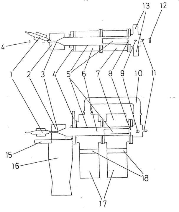 Figure  3.1 -  Schéma  d’ensemble  du  montage  expérimental  du  jet  atomique.  1) Décharge  rf ;  2)  le  chambre  à  vide :  bombardement  électronique ;  3)  le diaphragme  de  collimation ;  4)  vanne  tiroir  verticale  (isole  la  le  chambre) ; 5)