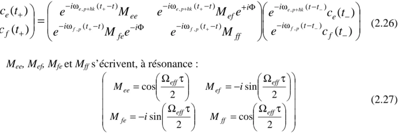 Tableau 2.1).  Impulsion π :  Miroir  −=−τ+τ+ΦΦ−)()(00)()(tctcieietctcfeiife (2.28)  e , pr + h k r pfr, pfrk,perrh+, Impulsion π/2 :  Séparatrice   −−=τ+τ+ΦΦ− )()(212221)()(tctcieietctcfeiife (2.29)  pfr