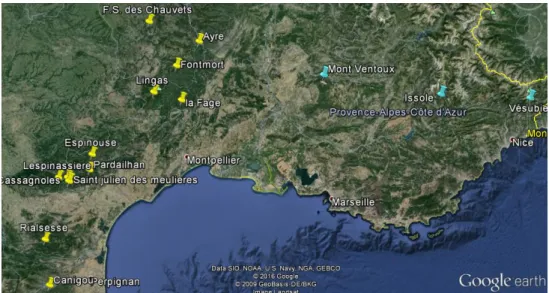 Figure 3 : Localisation des sites d’expérimentation en région méditerranéenne française,  en jaune les suivis à l’échelle régionale, en bleu les suivis sur un gradient altitudinal