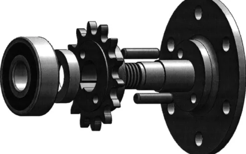 Figure  5:  Showing  the  full  shaft  assembly,  exploded  view.  Components  from  left  to right:  bearing,  spacer, sprocket,  dowel  pins, shaft  (includes  threads,  bearing seat, sprocket seat, friction  surface,  bolt flange).