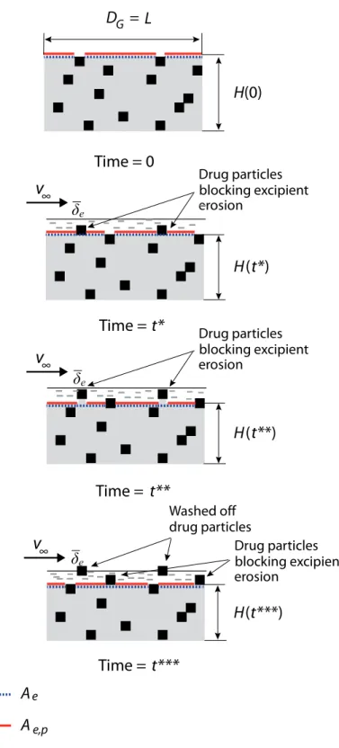 Figure 4.6: Erosion of 2-phase material comprising slowly eroding particles embedded in  a rapidly eroding matrix at φ &lt; φ * 