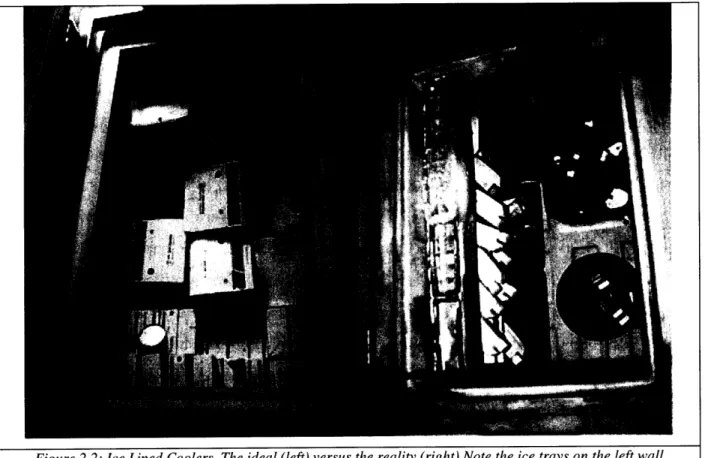 Figure 2.2: Ice Lined Coolers. The ideal (left)  versus the reality (right) Note the ice  trays on the left wall indicating the temperature in  the cooler is below freezing