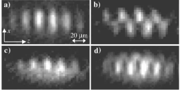 FIG. 2. Phase defects in quasi-2D condensates. Interference of four (a) –(c) and seven (d) independent BECs is observed 12 ms after release from the 2:7 m period lattice