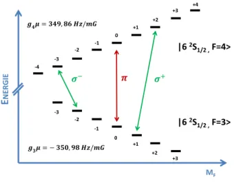 Figure 3.9 – Levée de dégénérescence des niveaux | 6 2 S 1/2 , F = 3 i et | 6 2 S 1/2 , F = 4 i en présence d’un champ magnétique de biais