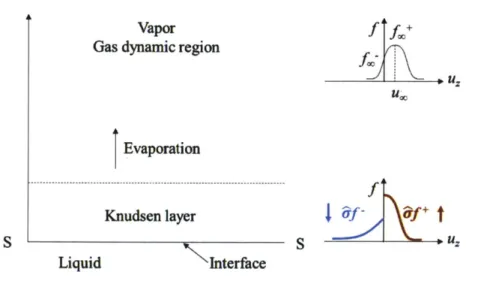 Figure 4  Formulation of the one-dimensional  steady state evaporation  from half-space  problem: the vapor flow  is first  of very high  non-equilibrium  and then relax itself to reach Euler equilibrium