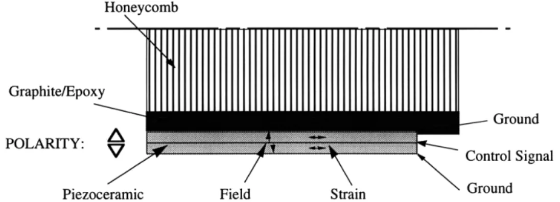 Figure  2.8:  Detail  of spar cross-section  with piezos  and  applied  signal  (not to  scale)