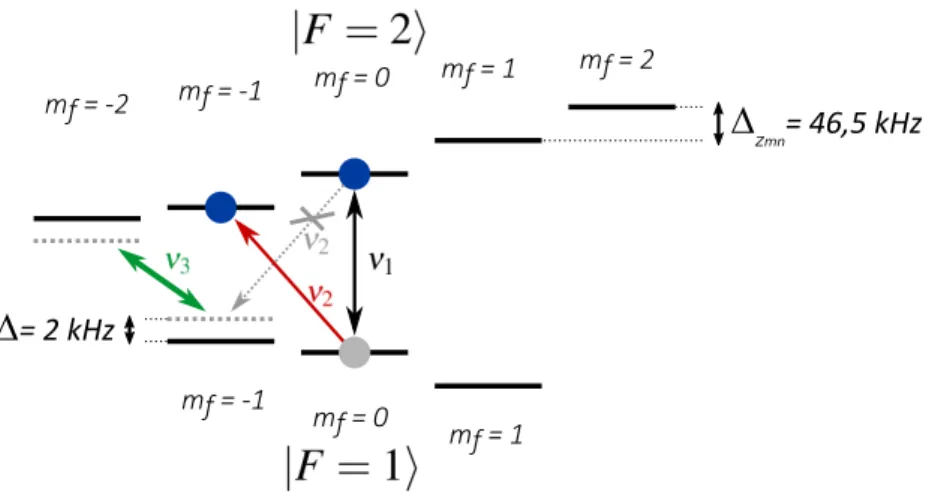 Figure II.13 – Schéma des niveaux d’énergie mis en jeu pour la polarisation sélective dans le niveau |F = 2 , m F = 1 i .
