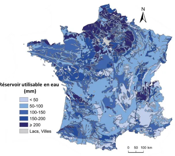 Figure 5: Carte du réservoir utilisable en eau des sols de France 