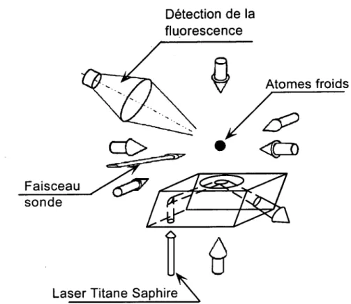 Figure  3  4  Schéma  expérimental  Les  six  faisceaux  laser du  piège  sont  indiqués