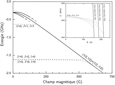 Fig. 4.4 – Position des résonances de Feshbach dans un gaz d’atomes de 6 Li. On observe que l’énergie ε L des états liés du potentiel singulet est indépendante du champ magnétique, tandis que celle des états de diffusion dépend linéairement de B