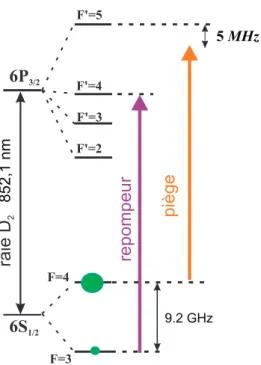 Fig. 1.4 – Structure hyperfine de la raie D 2 du cesium, et fr´equences des lasers utilis´es pour capturer les atomes.