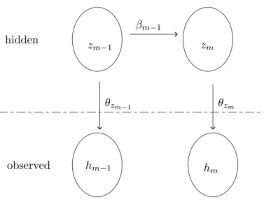 Figure 2.1: Schematic representation of the Hidden Markov Model. The subscript i is omitted for simplicity