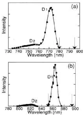 Fig. 1.1 – Deux premi`eres raies de r´esonance en absorption pour les alcalins lourds : (a) rubidium ; (b) c´esium