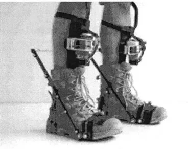 Figure  2-1: The  Mooney  exoskeleton  has  fiberglass  struts  on either side of each boot