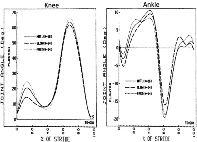 Figure  4  Mean joint angles for the  knee  and ankle, respectively, and slow, natural, and fast cadences