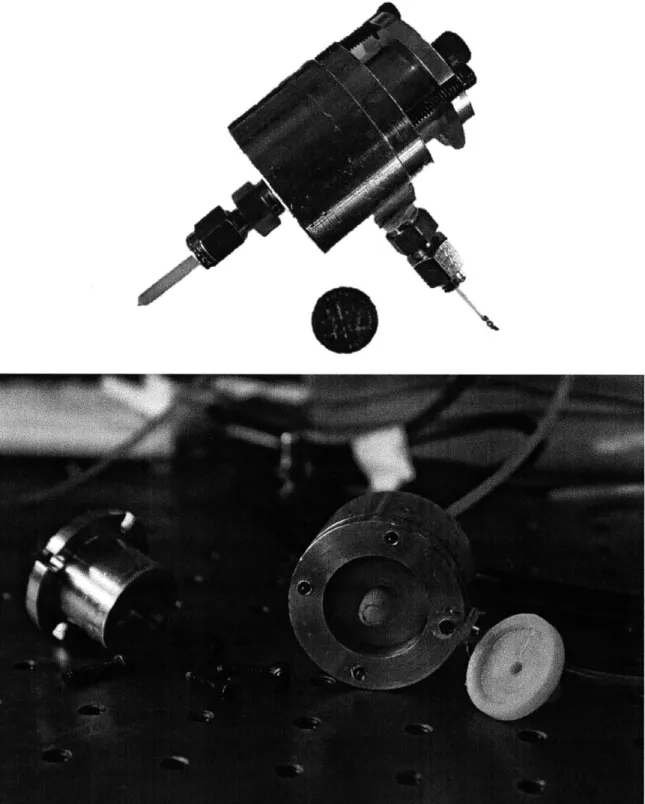 Figure  6: Top,  the completed  microvalve  prototype, with a dime for reference.  Below,  the disassembled  microvalve  with a spare membrane  actuator sitting to the  right.