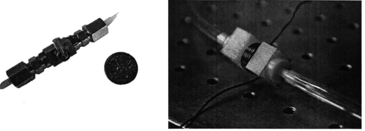 Figure 7:  The Beswick  miniature ball valve  with  a dime  for comparison,  and next to it the  solenoid valve  of approximately  the same  size.