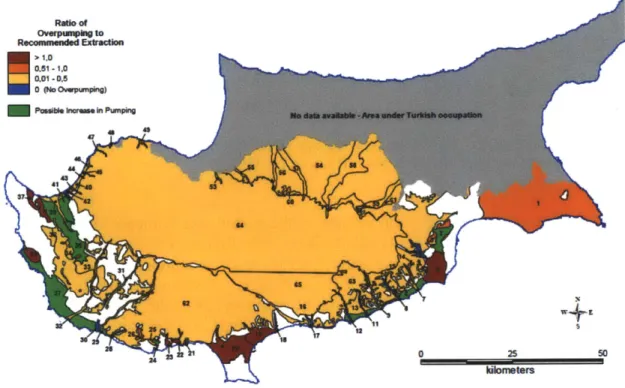 Figure  3:  Map  of  Cyprus  showing  aquifers  and  the  ratio  of  over-pumping  to recommended  extraction