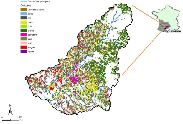 Figure 2 - Le terrain d’étude : situation géographique et surfaces agricoles (Source de données : RPG 2014) 