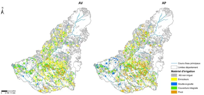Figure 9 - Distribution spatiale du matériel d’irrigation avant (AV) et après (AP) implémentation du scénario (Source de  données : BD Carthage ; RPG 2014 et Corine Land Cover)