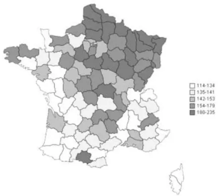 Figure  1 :  Prévalence  de  la  SEP  en  France  selon  les  départements  (nombre  de  cas  pour  100 000  habitants) : gradient Nord-Sud (carte géographique adaptée de Foulon et al