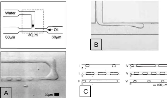 Fig. 1.7 – A : Géométrie typique utilisée pour la formation de gouttes à une jonction en T