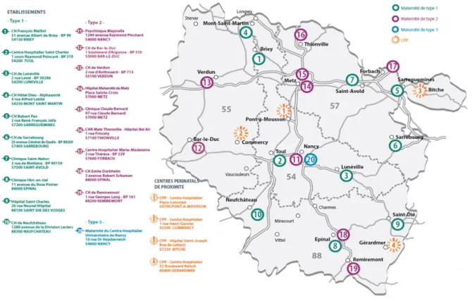 Figure 5 : Carte des maternités et des centres périnatals de proximité en Lorraine (31)