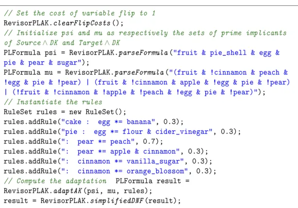 Figure 6.2 presents an example in Java code on how R EVISOR /PLAK can be used to com- com-pute adaptation using adaptation rules
