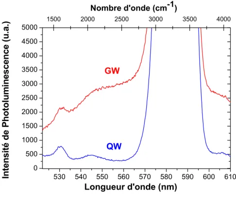 Figure II.5-4 : Spectres de photoluminescence (excités à 488 nm) des échantillons d’eau Seromed contenus dans des tubes en silice fondue (QW) et en verre sodocalcique de type III (GW)