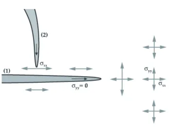 Fig. 1.2 – Sch´ema d’une fracture (1) se propageant dans un champ de contraintes m´ecaniques dans un mat´eriau homog`ene et isotrope