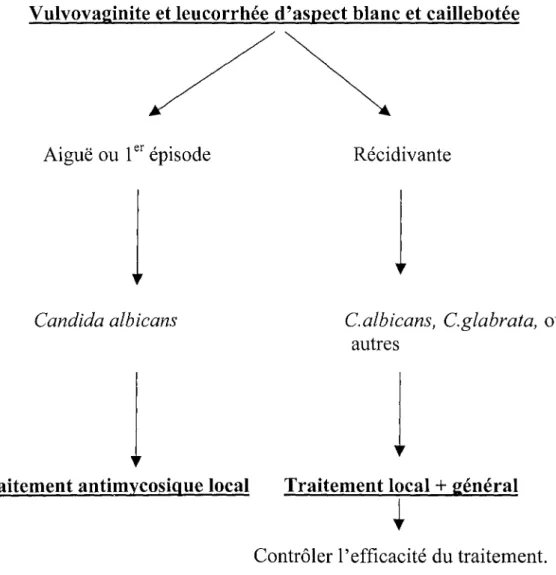 Tableau 4 :Stratégie diagnostique face à une leucorrhée (129) : Vulvovaginite et leucorrhée d'aspect blanc et caillebotée