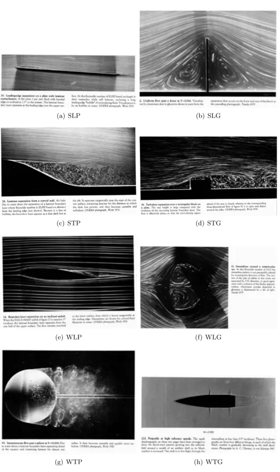 Figure 1.4 – Visualisations expérimentales des diﬀérents types de décollements (S = solide, W
