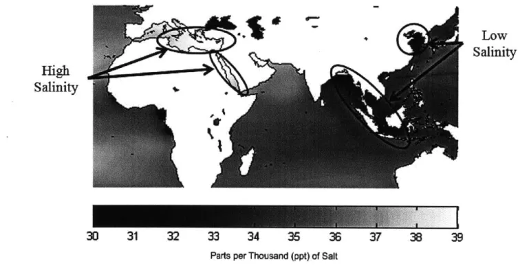 Figure 1-2: Salinity  variation by location  - Mediterranean and South Asia [6]