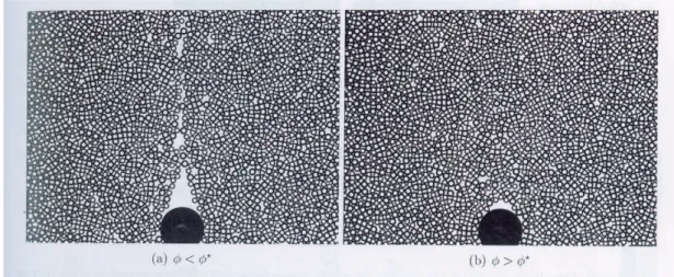 Figure 1.23  Évolution de la forme du sillage laissée par l'intrus pour une fraction d'empilement de (a) 81,3% et de (b) 82,4% (gure extraite de [24]).