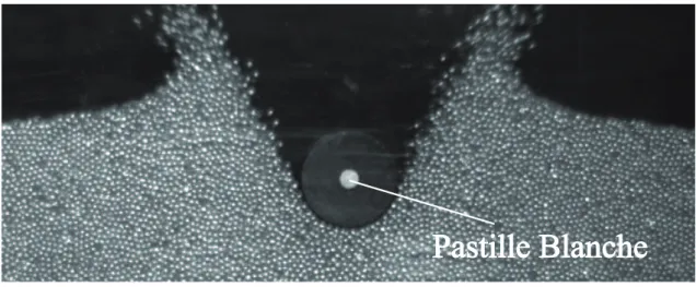 Figure 2.10  Visualisation d'une expérience 2D d'impact : le cylindre peint en noir est repéré par une pastille blanche