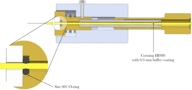 Figure 2-6: Detail of optical fiber retention within the differential screw assembly. The entire differential screw assembly is hollow allowing for the optical fiber to pass through